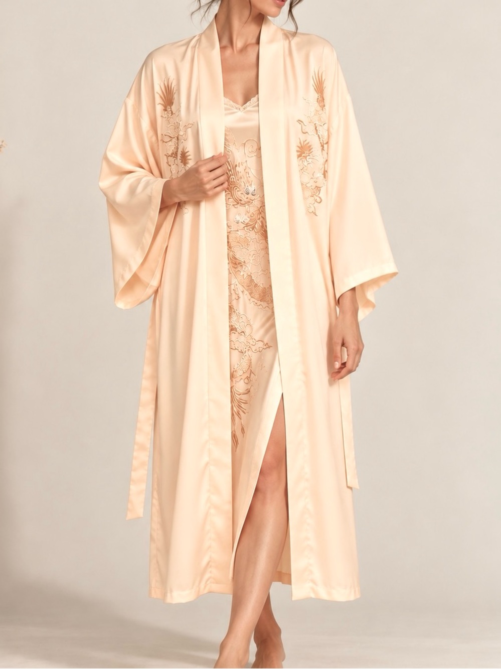 Peach Blush Satin Dragon Embroidered Long Robe Kimono Sleeve Size L